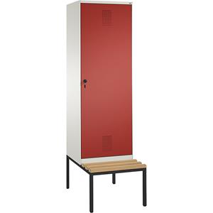 C+P EVOLO Garderobenschrank, mit Sitzbank, Tür über 2 Abteile, 2 Abteile, 1 Tür, Abteilbreite 300 mm, reinweiß / feuerrot