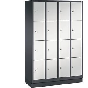 C+P CLASSIC Fächerschrank mit Sockel, 4 Abteile, je 4 Fächer, Abteilbreite 300 mm, schwarzgrau / lichtgrau