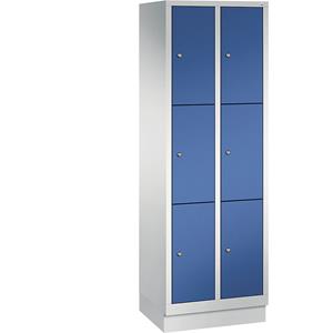 C+P CLASSIC Fächerschrank mit Sockel, 2 Abteile, je 3 Fächer, Abteilbreite 300 mm, lichtgrau / enzianblau