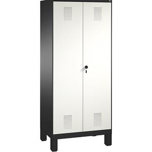 C+P EVOLO Raumpflege-/Geräteschrank, verkürzte Trennwand, 6 Haken, Abteile 2 x 400 mm, mit Füßen, schwarzgrau / verkehrsweiß
