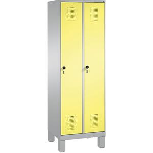 C+P EVOLO Aufbewahrungsschrank, mit Füßen, 2 Abteile, Abteilbreite 300 mm, mit 8 Fachböden, weißaluminium / schwefelgelb