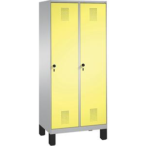 C+P EVOLO Aufbewahrungsschrank, mit Füßen, 2 Abteile, Abteilbreite 400 mm, mit 8 Fachböden, weißaluminium / schwefelgelb