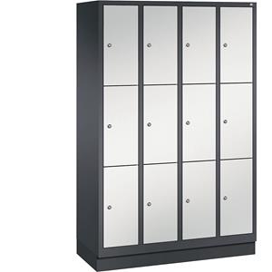 C+P CLASSIC Fächerschrank mit Sockel, 4 Abteile, je 3 Fächer, Abteilbreite 300 mm, schwarzgrau / lichtgrau