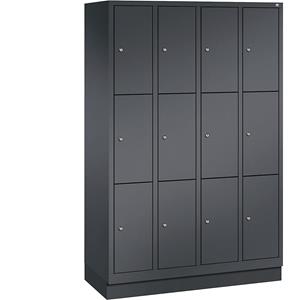 C+P CLASSIC Fächerschrank mit Sockel, 4 Abteile, je 3 Fächer, Abteilbreite 300 mm, schwarzgrau