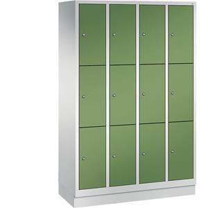 C+P CLASSIC Fächerschrank mit Sockel, 4 Abteile, je 3 Fächer, Abteilbreite 300 mm, lichtgrau / resedagrün