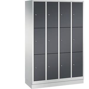 C+P CLASSIC Fächerschrank mit Sockel, 4 Abteile, je 3 Fächer, Abteilbreite 300 mm, lichtgrau / schwarzgrau