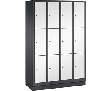 C+P CLASSIC Fächerschrank mit Sockel, 4 Abteile, je 3 Fächer, Abteilbreite 300 mm, schwarzgrau / verkehrsweiß