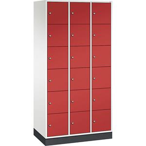 C+P INTRO Stahl-Schließfachschrank, Fachhöhe 285 mm, BxT 920 x 500 mm, 18 Fächer, Korpus reinweiß, Türen feuerrot