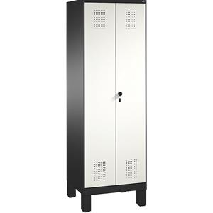 C+P EVOLO Aufbewahrungsschrank, zueinander schlagende Türen, mit Füßen, 1 Abteil, Breite 600 mm, mit 4 Fachböden, schwarzgrau / verkehrsweiß