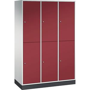 C+P INTRO stalen garderobekast met twee verdiepingen, b x d = 1220 x 500 mm, 6 vakken, kastframe lichtgrijs, deuren robijnrood