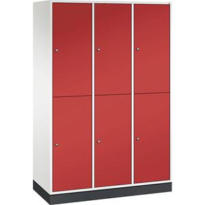 C+P Lockerkast met twee verdiepingen Intro, 3 compartimenten, zuiver wit / vuurrood, b x d = 1220 x 500 mm
