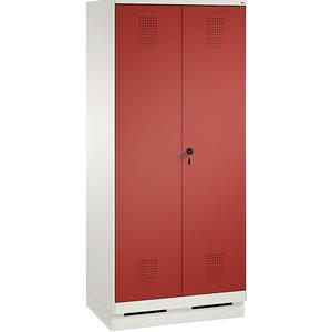 C+P EVOLO Raumpflege-/Geräteschrank, verkürzte Trennwand, 6 Haken, Abteile 2 x 400 mm, mit Sockel, verkehrsweiß / feuerrot