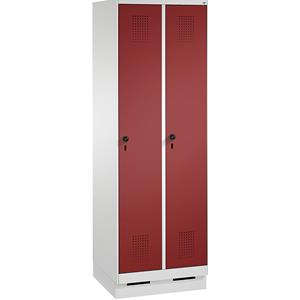C+P EVOLO Aufbewahrungsschrank, mit Sockel, 2 Abteile, Abteilbreite 300 mm, mit 8 Fachböden, lichtgrau / rubinrot