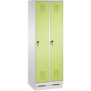 C+P EVOLO Aufbewahrungsschrank, mit Sockel, 2 Abteile, Abteilbreite 300 mm, mit 8 Fachböden, lichtgrau / viridingrün