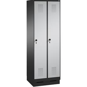 C+P EVOLO Aufbewahrungsschrank, mit Sockel, 2 Abteile, Abteilbreite 300 mm, mit 8 Fachböden, schwarzgrau / weißaluminium