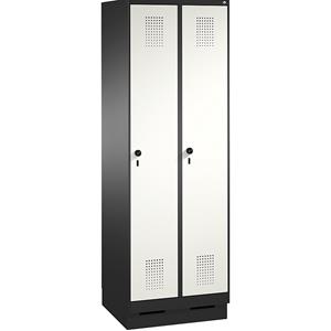 C+P EVOLO Aufbewahrungsschrank, mit Sockel, 2 Abteile, Abteilbreite 300 mm, mit 8 Fachböden, schwarzgrau / verkehrsweiß