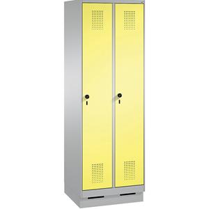 C+P EVOLO Aufbewahrungsschrank, mit Sockel, 2 Abteile, Abteilbreite 300 mm, mit 8 Fachböden, weißaluminium / schwefelgelb