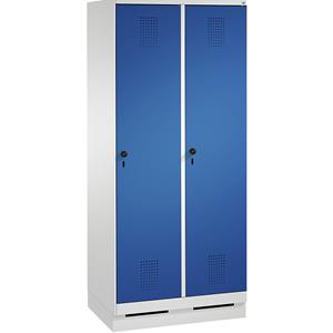 C+P EVOLO Aufbewahrungsschrank, mit Sockel, 2 Abteile, Abteilbreite 400 mm, mit 8 Fachböden, lichtgrau / enzianblau