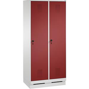 C+P EVOLO Aufbewahrungsschrank, mit Sockel, 2 Abteile, Abteilbreite 400 mm, mit 8 Fachböden, lichtgrau / rubinrot