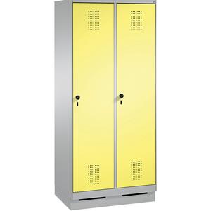 C+P EVOLO Aufbewahrungsschrank, mit Sockel, 2 Abteile, Abteilbreite 400 mm, mit 8 Fachböden, weißaluminium / schwefelgelb