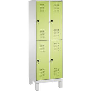 C+P EVOLO Garderobenschrank, doppelstöckig, mit Füßen, 2 Abteile, je 2 Fächer, Abteilbreite 300 mm, lichtgrau / viridingrün
