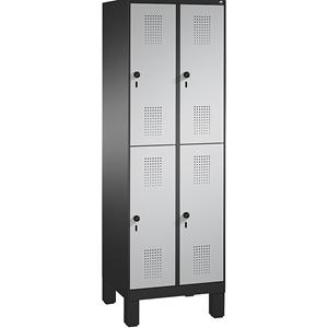 C+P EVOLO Garderobenschrank, doppelstöckig, mit Füßen, 2 Abteile, je 2 Fächer, Abteilbreite 300 mm, schwarzgrau / weißaluminium