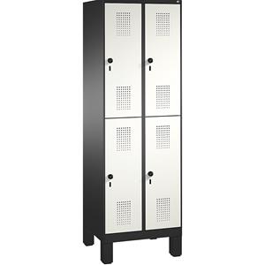 C+P EVOLO Garderobenschrank, doppelstöckig, mit Füßen, 2 Abteile, je 2 Fächer, Abteilbreite 300 mm, schwarzgrau / verkehrsweiß