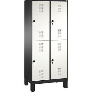 C+P EVOLO Garderobenschrank, doppelstöckig, mit Füßen, 2 Abteile, je 2 Fächer, Abteilbreite 400 mm, schwarzgrau / verkehrsweiß