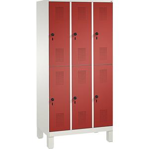 C+P EVOLO Garderobenschrank, doppelstöckig, mit Füßen, 3 Abteile, je 2 Fächer, Abteilbreite 300 mm, verkehrsweiß / feuerrot