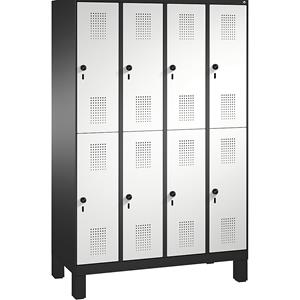 C+P EVOLO Garderobenschrank, doppelstöckig, mit Füßen, 4 Abteile, je 2 Fächer, Abteilbreite 300 mm, schwarzgrau / lichtgrau