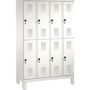 C+P EVOLO Garderobenschrank, doppelstöckig, mit Füßen, 4 Abteile, je 2 Fächer, Abteilbreite 300 mm, verkehrsweiß / verkehrsweiß