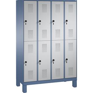 C+P EVOLO Garderobenschrank, doppelstöckig, mit Füßen, 4 Abteile, je 2 Fächer, Abteilbreite 300 mm, fernblau / weißaluminium
