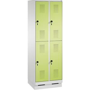 C+P EVOLO Garderobenschrank, doppelstöckig, mit Sockel, 2 Abteile, je 2 Fächer, Abteilbreite 300 mm, lichtgrau / viridingrün