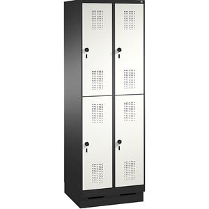 C+P EVOLO Garderobenschrank, doppelstöckig, mit Sockel, 2 Abteile, je 2 Fächer, Abteilbreite 300 mm, schwarzgrau / verkehrsweiß
