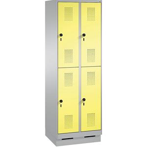 C+P EVOLO Garderobenschrank, doppelstöckig, mit Sockel, 2 Abteile, je 2 Fächer, Abteilbreite 300 mm, weißaluminium / schwefelgelb