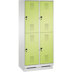 C+P EVOLO Garderobenschrank, doppelstöckig, mit Sockel, 2 Abteile, je 2 Fächer, Abteilbreite 400 mm, lichtgrau / viridingrün