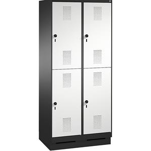 C+P EVOLO Garderobenschrank, doppelstöckig, mit Sockel, 2 Abteile, je 2 Fächer, Abteilbreite 400 mm, schwarzgrau / lichtgrau