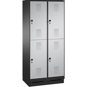 C+P EVOLO Garderobenschrank, doppelstöckig, mit Sockel, 2 Abteile, je 2 Fächer, Abteilbreite 400 mm, schwarzgrau / weißaluminium