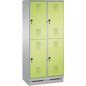 C+P EVOLO Garderobenschrank, doppelstöckig, mit Sockel, 2 Abteile, je 2 Fächer, Abteilbreite 400 mm, weißaluminium / viridingrün