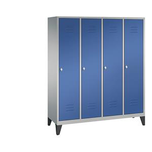 C+P CLASSIC Garderobenschrank mit Füßen, 4 Abteile, Abteilbreite 400 mm, weißaluminium / enzianblau