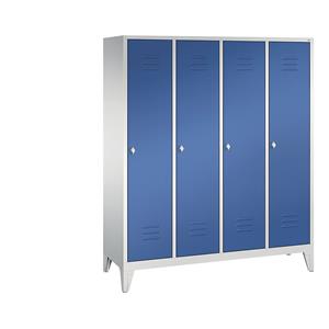 C+P CLASSIC Garderobenschrank mit Füßen, 4 Abteile, Abteilbreite 400 mm, lichtgrau / enzianblau