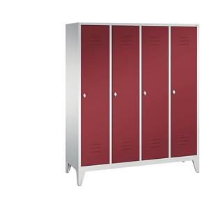 C+P CLASSIC Garderobenschrank mit Füßen, 4 Abteile, Abteilbreite 400 mm, lichtgrau / rubinrot