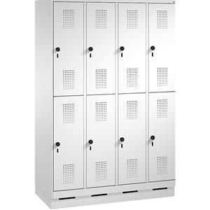 C+P EVOLO Garderobenschrank, doppelstöckig, mit Sockel, 4 Abteile, je 2 Fächer, Abteilbreite 300 mm, lichtgrau