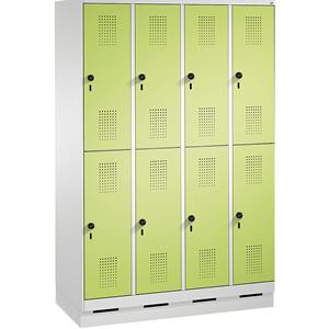 C+P EVOLO Garderobenschrank, doppelstöckig, mit Sockel, 4 Abteile, je 2 Fächer, Abteilbreite 300 mm, lichtgrau / viridingrün
