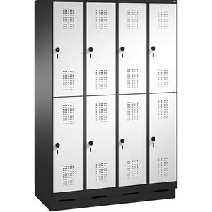 C+P EVOLO Garderobenschrank, doppelstöckig, mit Sockel, 4 Abteile, je 2 Fächer, Abteilbreite 300 mm, schwarzgrau / lichtgrau