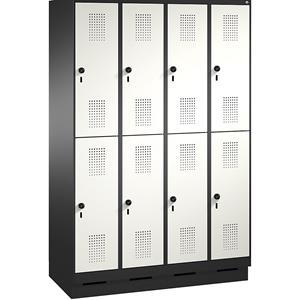 C+P EVOLO Garderobenschrank, doppelstöckig, mit Sockel, 4 Abteile, je 2 Fächer, Abteilbreite 300 mm, schwarzgrau / verkehrsweiß