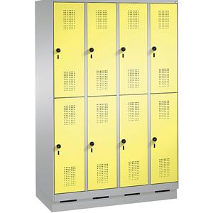C+P EVOLO Garderobenschrank, doppelstöckig, mit Sockel, 4 Abteile, je 2 Fächer, Abteilbreite 300 mm, weißaluminium / schwefelgelb
