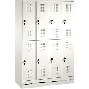 C+P EVOLO Garderobenschrank, doppelstöckig, mit Sockel, 4 Abteile, je 2 Fächer, Abteilbreite 300 mm, verkehrsweiß / verkehrsweiß
