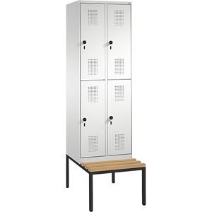 C+P EVOLO Garderobenschrank, doppelstöckig, mit Sitzbank, 2 Abteile, je 2 Fächer, Abteilbreite 300 mm, lichtgrau