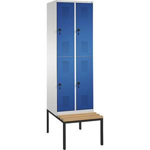 C+P EVOLO Garderobenschrank, doppelstöckig, mit Sitzbank, 2 Abteile, je 2 Fächer, Abteilbreite 300 mm, lichtgrau / enzianblau